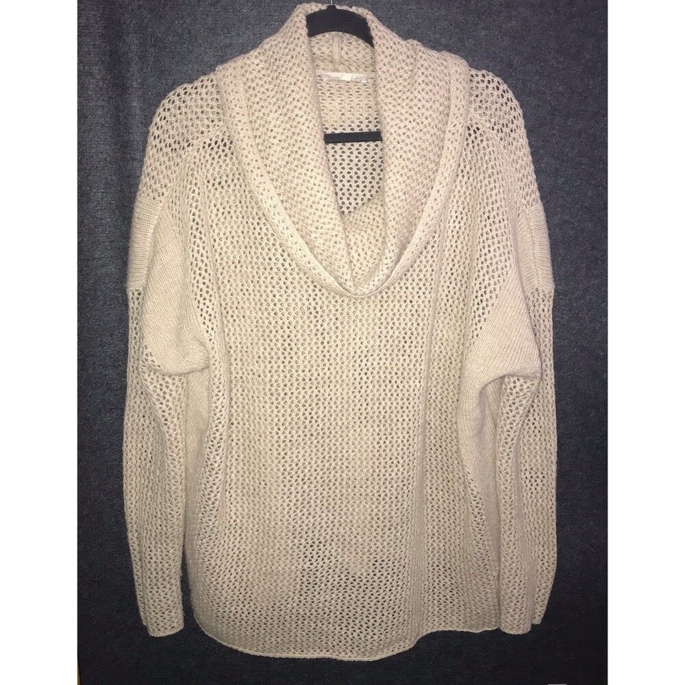 Joan Vass Boxy Dolman Sleeve Knit Eyelet Sweater Womens L / XL Beige Cowl Neck